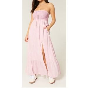 Hollister Strapless Crochet pink maxi dress slit lined Large boho beachy y2k